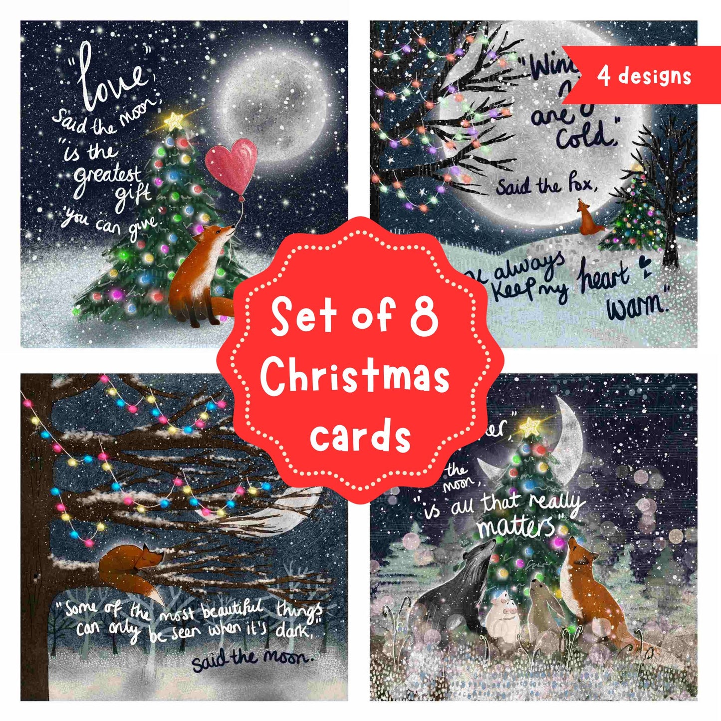 Set of 8 Christmas Cards - 2 each of 4 designs