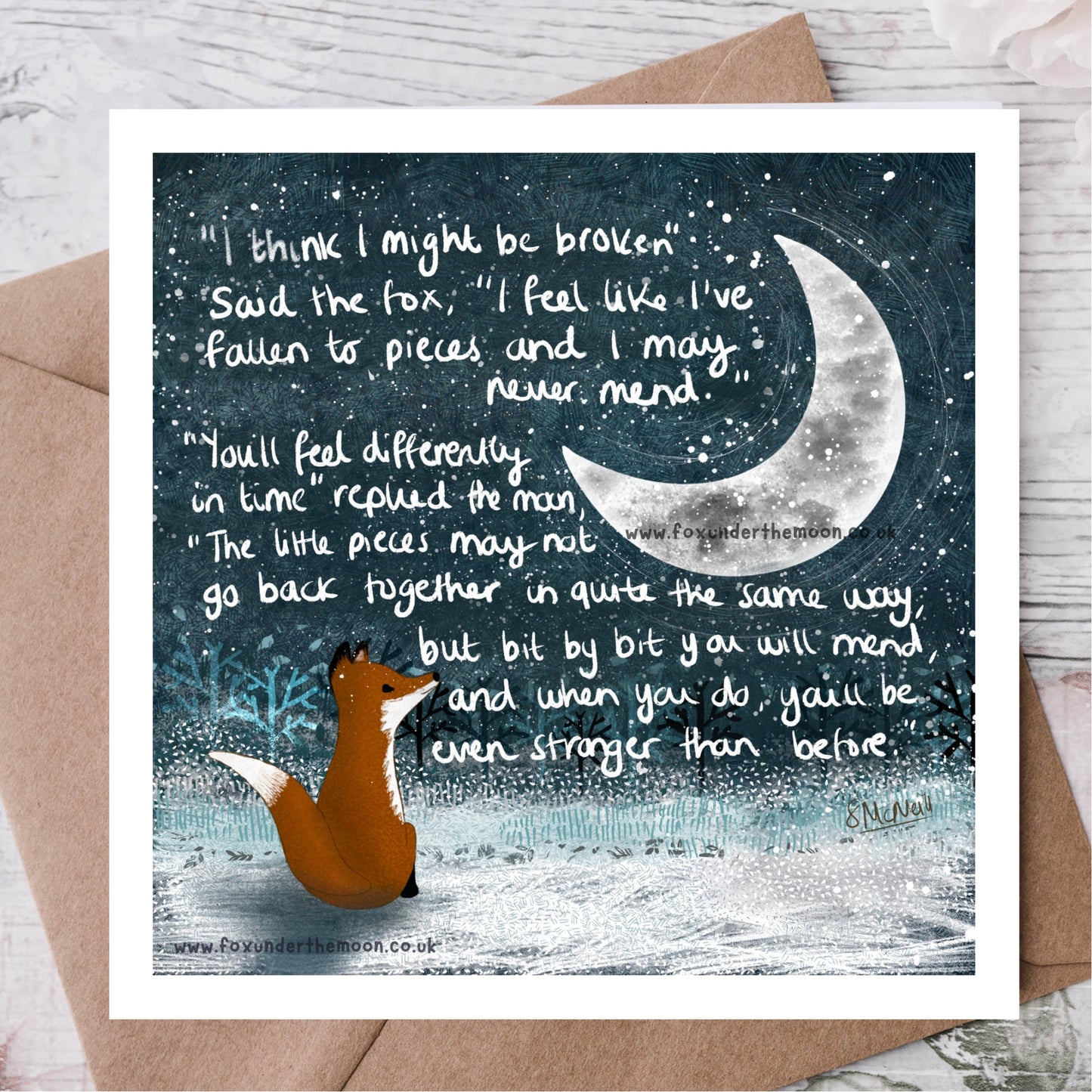 'Broken' Single Greeting Card – Fox Under The Moon
